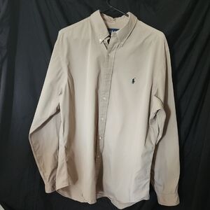 80s Vintage Ralph Lauren Tan Button-Down Classic Fit Shirt. Blue Label.